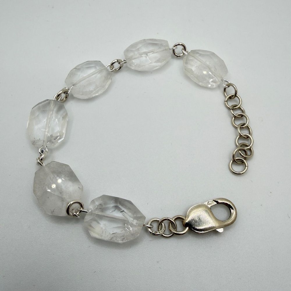 up to 8", FACETED 14x17mm clear QUARTZ bracelet in stamped sterling silver!‎